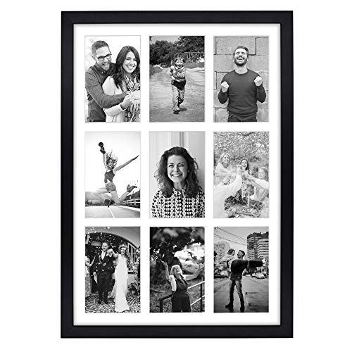 Product Cover Golden State Art, 13.6x19.7 Black Photo Wood Collage Frame with Real Glass and White Displays (9) 4x6 Pictures