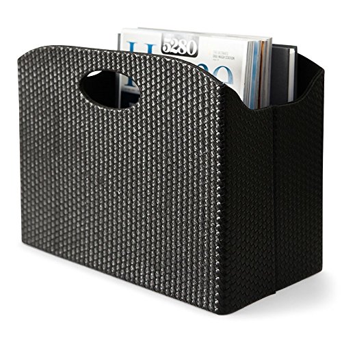 Product Cover Blu Monaco - Quality Leather Magazine Holder - Basket with Handles - Magazine Rack - Floor or Table - (Woven Black) - Great Stand for Coffee Table, Side Table, Living Room, Reception Desk, Bathroom