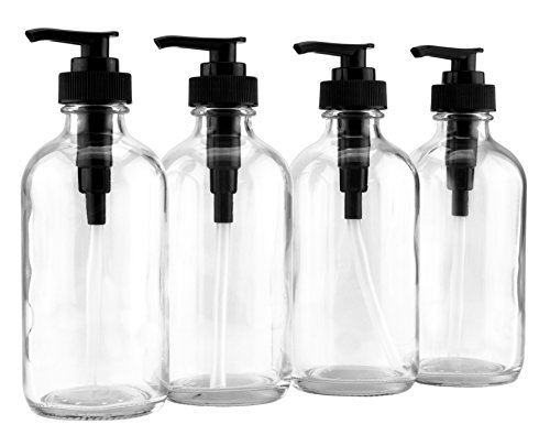 Product Cover 8-Ounce Clear Glass Pump Bottles (4-Pack w/Black Plastic Pumps), Great as Essential Oil Bottles, Lotion Bottles, Soap Dispensers, and More
