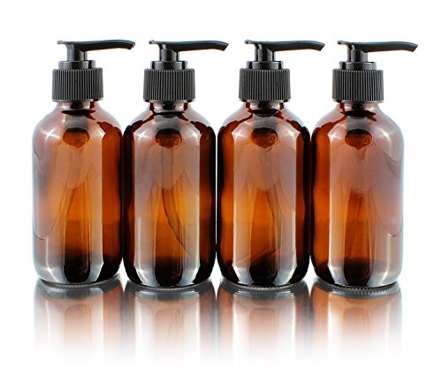 Product Cover Cornucopia Brands 4oz Amber Glass Boston Round Pump Bottles (4 Pack); Great for Lotions, Liquid Soap, Aromatherapy and More