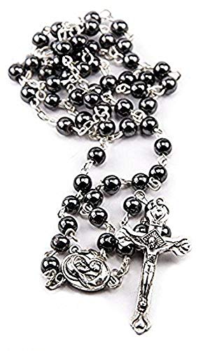 Product Cover Hematite Rosary Black Stone Beads Necklace with Jerusalem Holy Soil & Cross