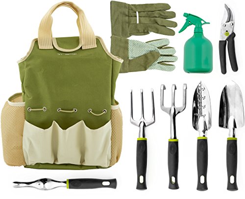 Product Cover Vremi 9 Piece Garden Tools Set - Gardening Tools with Garden Gloves and Garden Tote - Gardening Gifts Tool Set with Garden Trowel Pruners and More - Vegetable Herb Garden Hand Tools with Storage Tote