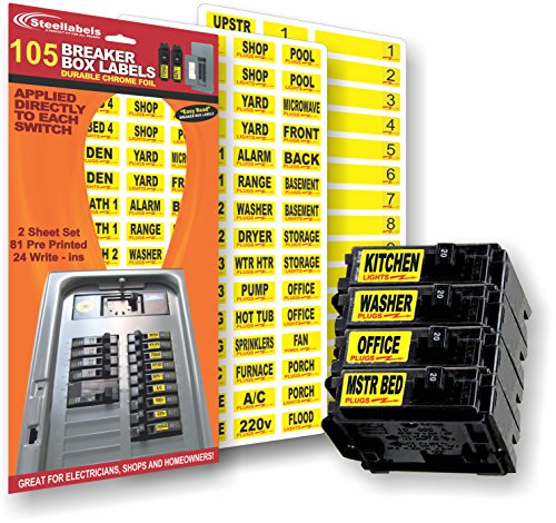 Product Cover Circuit Breaker Decals - 105 Tough vinyl labels for Breaker Panel Boxes - Great for Home or Office - Apartment Complexes and Electricians - Placed directly on Switch or Fuse - Bright 