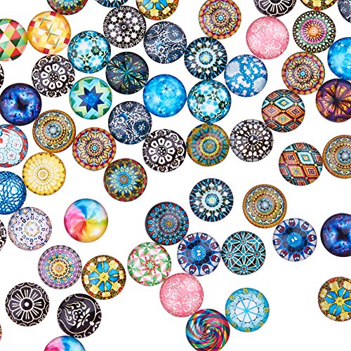 Product Cover PH PandaHall 200pcs 12mm Mosaic Printed Glass Dome Cabochons Mixed Color Half Round Cabochons Mosaic Tile for Photo Pendant Jewelry Making