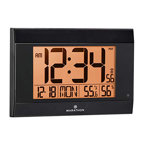 Product Cover Marathon Large Atomic Wall Clock with Auto Backlight, Calendar, Temperature, and Humidity - Self Setting, Self Adjusting - Batteries Included - CL030052BK (Black Frame, Black Trim)