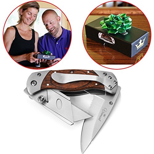 Product Cover Pro Utility Knife 2 in 1 Box Cutter. Folding Lockback Work Knife with Clip. Stainless Steel & Wood Handle Razor Knives. Best Gift Idea by Vermont.