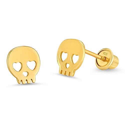 Product Cover 14k Gold Plated Brass Skull Screwback Baby Girls Earrings with Sterling Silver Post