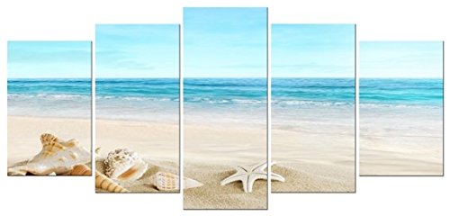 Product Cover Pyradecor Seashell 5 Panels Seascape Giclee Canvas Prints Landscape Pictures Paintings on Modern Stretched and Framed Canvas Wall Art Sea Beach Pictures Artwork for Home Decor