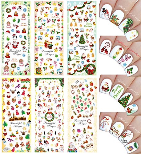 Product Cover Christmas New Year Theme Nail Art Decal Water Slide Tattoo Transfer - Santa, Reindeer, Snowflakes & Many More - Pack of 6