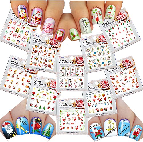 Product Cover Christmas New Year Holiday Assortment Nail Art Water Slide Tattoo Decals & One Glow In The Dark Sheet - Holiday Stamps, Snowman, Santa, Bells, Snowflakes - Pack of 10