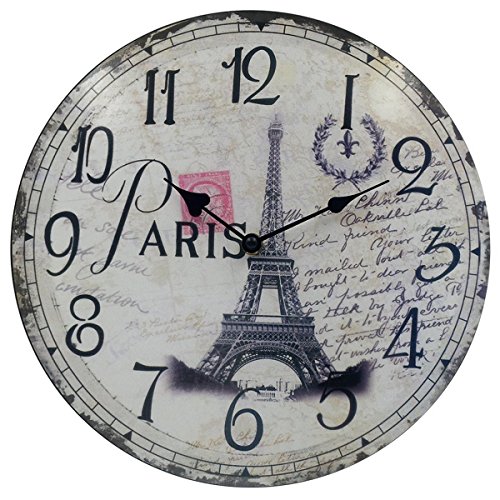 Product Cover HIPPIH Silent Round Wall Clocks (12 Inches) Living Room Decorative Vintage/Country/French Style Wooden Clock(Round Eiffel)