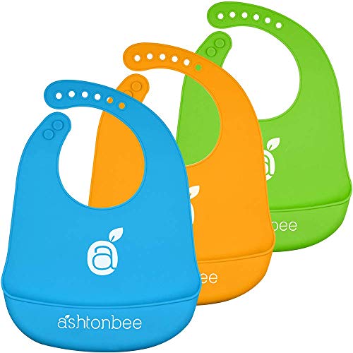Product Cover Silicone Baby Feeding Bibs with Food Catcher Pocket, Set of 3 - Unisex Waterproof Bib