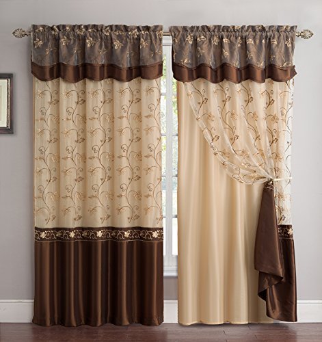 Product Cover Fancy Collection Embroidery Curtain Set 2 Panel Drapes with Backing & Valance Coffee/brown