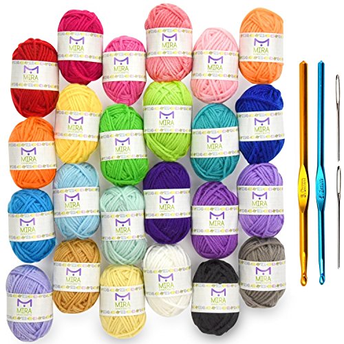Product Cover Mira Handcrafts 24 Acrylic Yarn Bonbons | Total of 525 Yards Craft Yarn for Knitting and Crochet | Includes 2 Crochet Hooks, 2 Weaving Needles, 7 E-Books | DK Yarn | Perfect Beginner Kit