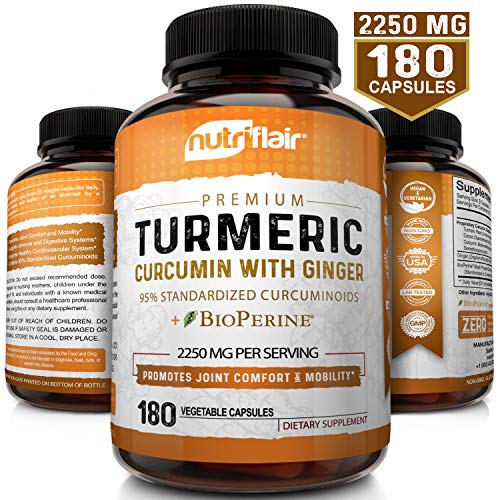Product Cover Turmeric Curcumin with Ginger & BioPerine Black Pepper Supplement 2250mg, 180 CAPSULES - Anti-Inflammatory, Antioxidant, Anti Aging - 100% Natural, Non-GMO, Vegan Best Maximum Potency, No Side Effects