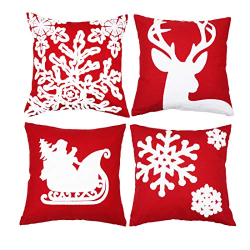 Product Cover Sykting Christmas Pillow Covers for Farmhouse Winter Holiday Decorations Throw Pillow Covers with Embroidery Reindeer Sledge Snowflakes Red and White Set of 4 18x18 inch