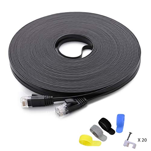 Product Cover Cat 6 Ethernet Cable 100 ft (at a Cat5e Price but Higher Bandwidth) Flat Internet Network Cable - Cat6 Ethernet Patch Cable Short - Black Computer LAN Cable + Free Cable Clips and Straps