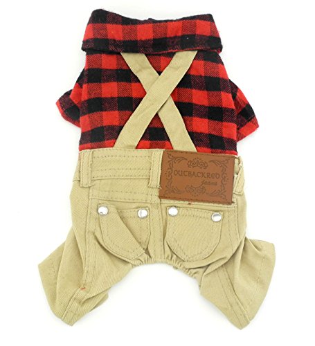 Product Cover SMALLLEE_LUCKY_STORE Pet Clothes for Small Dog Cat Red Plaid Shirts Sweater with Khaki Overalls Pants Jumpsuit Outfits XL
