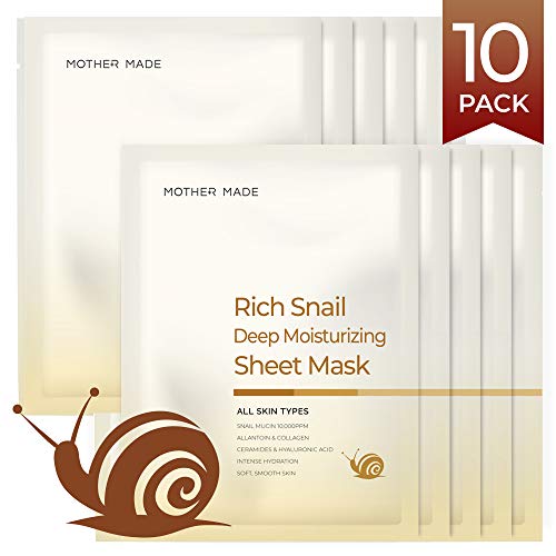 Product Cover MOTHER MADE Rich Snail Deep Moisturizing Face Sheet Mask, Pack of 10, with Snail Mucin 10,000 ppm, Collagen, Vitamin C - Hydrating, Anti-aging, Anti-Wrinkle, Paraben-free, Cruelty-free, Unscented