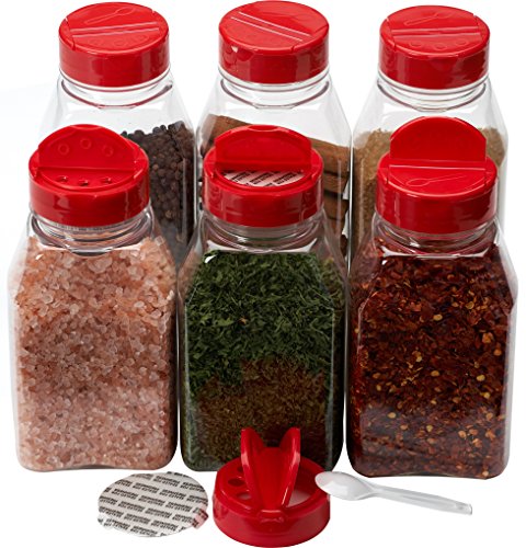 Product Cover Spice Jars - 16 oz. clear plastic spice containers with shaker red two sided flip tops lids shaking sifter spoon caps - 6 sets - plus 2 mini spoons and 6 White indicating labels