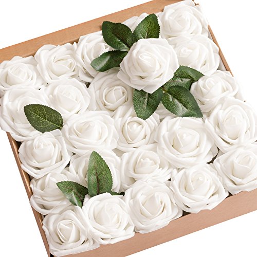 Product Cover Ling's moment Artificial Flowers 50pcs Real Looking White Fake Roses w/Stem for DIY Wedding Bouquets Centerpieces Bridal Shower Party Home Decorations