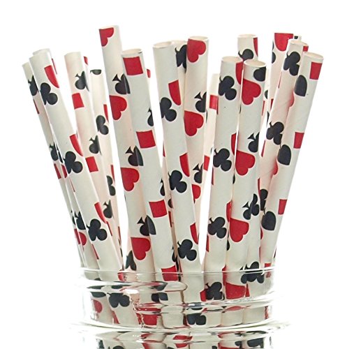 Product Cover Las Vegas Game Night Casino Straws (25 Pack) - Red & Black Playing Cards Color Party Favors, Cake Pop Sticks, Gambling Polka Dot Straws - Clubs, Spades, Hearts, Diamonds Party Supplies