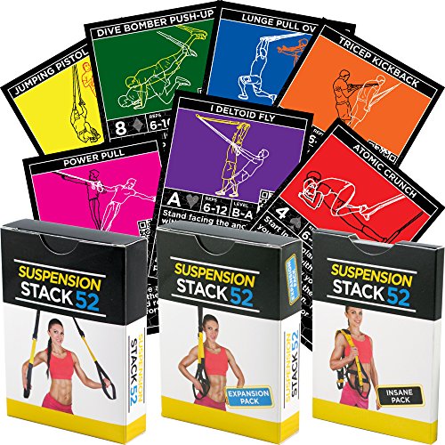 Product Cover Stack 52 Suspension Exercise Cards TRI Pack for TRX and Woss Trainer Straps. Suspended Bodyweight Resistance Workout Game. Video Instructions Included. Fun at Home Fitness Training Program.