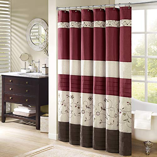 Product Cover Madison Park Serene Shower Curtain Faux Silk Embroidered Floral Machine Washable Modern Home Bathroom Decorations, 54x78, Red