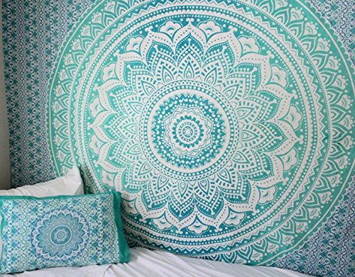 Product Cover Green Ombre Tapestry Large Size Indian Mandala Tapestry Wall Hanging Dorm Decor Psychedelic Tapestry Bohemian Bedding Hippie Wall Hanging Ombre Bedding Bed Cover Picnic Blanket Curtain