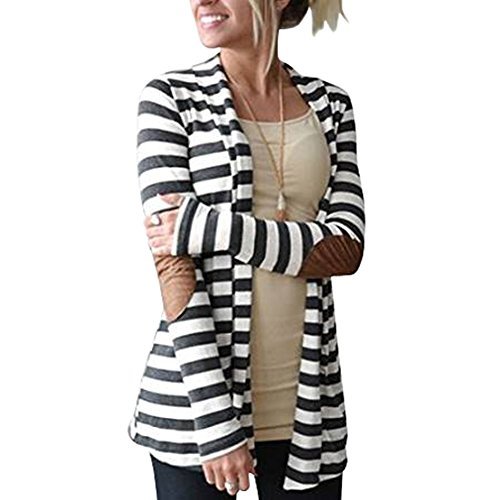 Product Cover Merryfun Women's Elbow Patch Striped White Gray Cardigan Sweater L