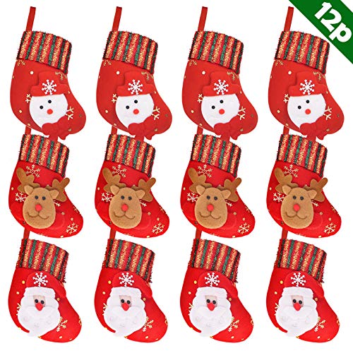 Product Cover Ivenf Christmas Mini Stockings, 12 Pcs 6 inches Felt with 3D Santa Snowman, Gift Card Cutlery Bags Silverware Holders, Bulk Treats for Neighbors Coworkers Kids Cats Dogs, Small Red Xmas Tree Decor Set