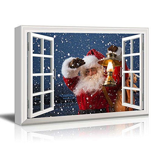Product Cover wall26 - Canvas Print Wall Art - Window Frame Style Wall Decor - Santa Claus Carrying Gifts Coming on Christmas Eve | Giclee Print Modern Home Decor. Stretched & Ready to Hang - 24