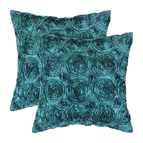 Product Cover CaliTime Pack of 2 Cushion Covers Throw Pillow Cases Shells for Couch Sofa Home Solid Stereo Roses Floral 18 X 18 Inches Teal