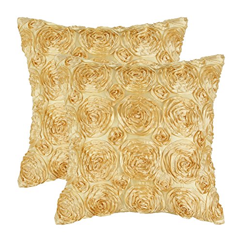 Product Cover CaliTime Pack of 2 Cushion Covers Throw Pillow Cases Shells for Couch Sofa Home Solid Stereo Roses Floral 18 X 18 Inches Soft Gold
