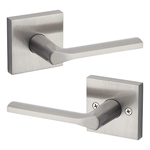 Product Cover Kwikset 91540-023 Lisbon Door Handle Lever with Modern Contemporary Slim Square Design for Home Hallway or Closet Passage in Satin Nickel