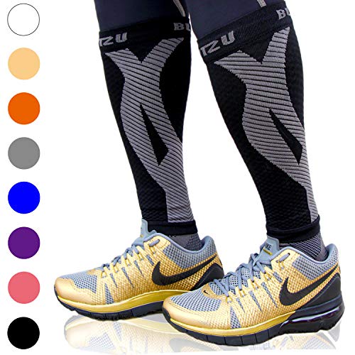 Product Cover Blitzu Calf Compression Sleeve One Pair Leg Performance Support for Shin Splint & Calf Pain Relief. Men Women Runners Guards Sleeves for Running. Improves Circulation and Recovery Black S/M