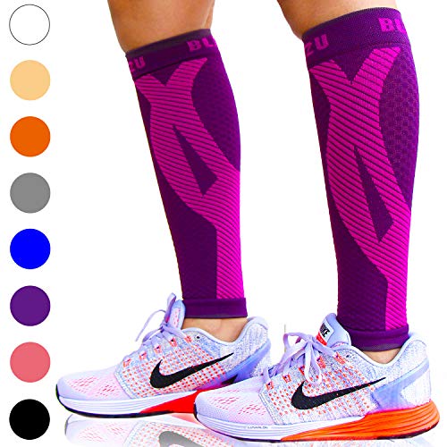 Product Cover BLITZU Calf Compression Sleeve One Pair Leg Performance Support for Shin Splint & Calf Pain Relief. Men Women Runners Guards Sleeves for Running. Improves Circulation and Recovery Purple S/M
