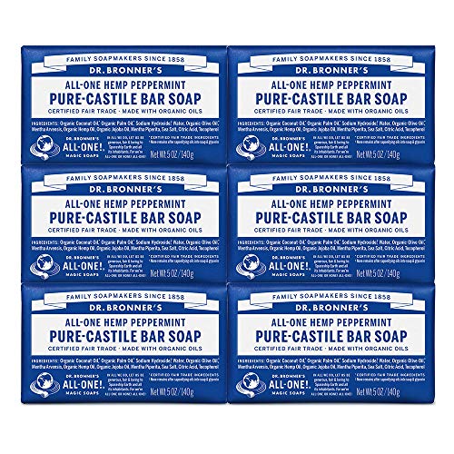 Product Cover Dr. Bronner's - Pure-Castile Bar Soap (Peppermint, 5 ounce, 6-Pack) - Made with Organic Oils, For Face, Body and Hair, Gentle and Moisturizing, Biodegradable, Vegan, Cruelty-free, Non-GMO