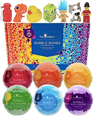 Product Cover Bubble Bath Bombs for Kids with Surprise Toys Inside for Boys and Girls by Two Sisters Spa. 6 Large 99% Natural Fizzies in Gift Box. Moisturizes Dry Sensitive Skin. Releases Color, Scent, and Bubbles.