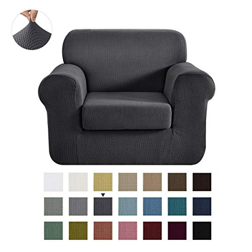 Product Cover CHUN YI Stretch Chair Sofa Slipcover 2-Piece Couch Cover Furniture Protector, 1 Seater Coat Soft with Elastic Bottom, Checks Spandex Jacquard Fabric (Small, Gray)