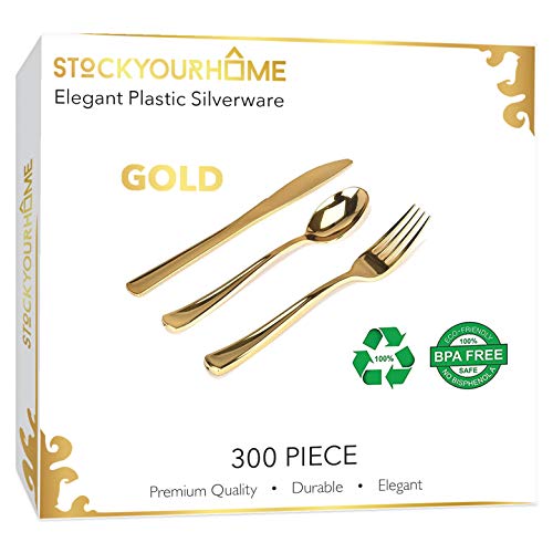 Product Cover 300 Plastic Silverware Set, Gold Plastic Cutlery Set, Gold Party Utensils - 100 Gold Plastic Forks, 100 Gold Plastic Spoons, 100 Gold Plastic Knives