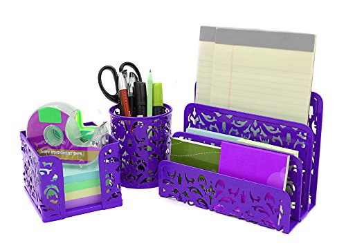 Product Cover EasyPAG Carved Hollow Flower Pattern 3 in 1 Desk Organizer Set - Letter Sorter, Pencil Holder and Stick Note Holder,Purple