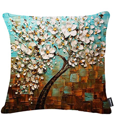Product Cover JINBEILE Cotton Linen Throw Pillow Cover Decorative 18 X 18 Inch Oil Painting White Flower Black Tree and Cushion Case Home Pillowcase