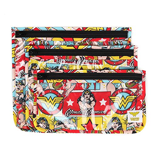 Product Cover Bumkins DC Comics Wonder Woman TSA Approved Toiletry Bag, Travel Bag, PVC-Free, Vinyl-Free, Clear Front, Set of 3