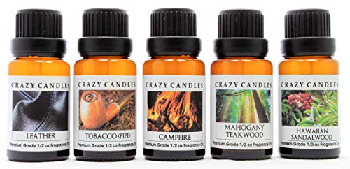 Product Cover Crazy Candles 5 Bottles Set (Made in USA) 1, Hawaiian Sandalwood 1 Mahogany Teakwood 1 Tobacco (Pipe), 1 Campfire, 1 Leather 1/2 Fl Oz Each (15ml) Premium Grade Scented Fragrance Oils