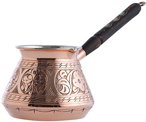 Product Cover CopperBull THICKEST Solid Hammered Copper Turkish Greek Arabic Coffee Pot Stovetop Coffee Maker Cezve Ibrik Briki with Wooden Handle,(Large - 15 Oz) - ENGRAVED