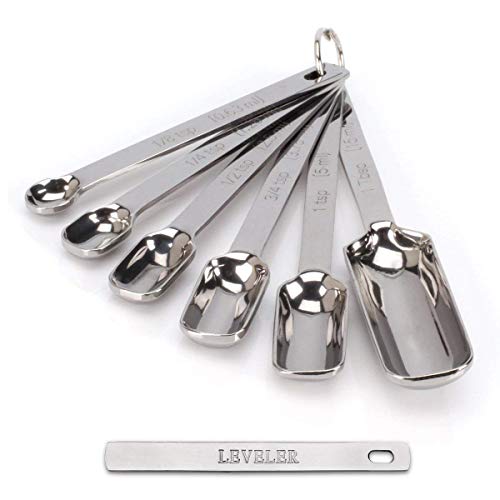 Product Cover 2lbDepot Measuring Spoons Set, Chrome Finish, Heavy-Duty Stainless Steel, Narrow, Long Handle Design Fits in Spice Jar, Set of 7 Includes Leveler