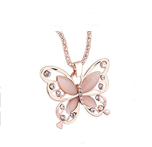 Product Cover Fashion Womens Lady Rose Gold Opal Butterfly Pendant Necklace Sweater Chain Hot