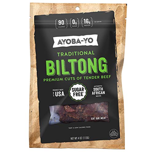 Product Cover Ayoba-Yo Biltong. Tender Beef Snack. Better than Jerky. Paleo and Keto Friendly. High Protein Steak Cuts. Made with Premium Meat. No Carbs. Gluten Free & Sugar Free. No Nitrates. 4 Ounce