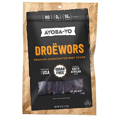 Product Cover Ayoba-Yo Droewors Beef Sticks. Keto Diet Friendly Air-Dried Sausages. Made With Premium Meat. Gluten Free, Nitrate Nitrite Free, No Sugar. Healthy and Natural Snacks. 4 Ounce